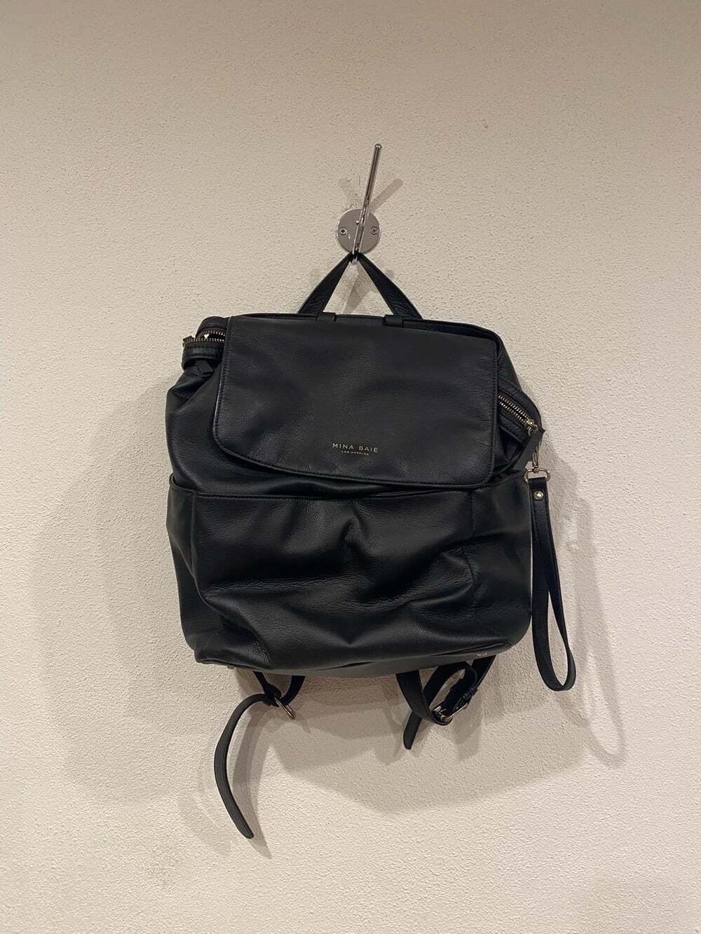 Mina Baie Backpack Womens Medium Black Leather Gold Hardware Zip Pockets Purse